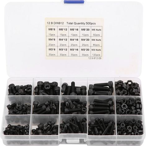 Lot de 500 vis à six pans creux noires, tête bombée, écrous combinés en boîte, antirouille M3 M4 M5 (1/5)