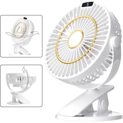 Mini ventilateur de bureau avec clip, 5 vitesses, petit ventilateur de table portable et silencieux avec batterie, rotation à 720° rechargeable et écran LCD (1/5)