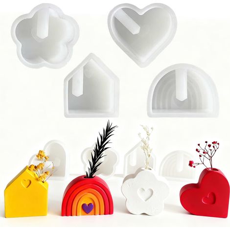 Lot de 4 moules en silicone pour vases en résine, vase en forme de cœur, moules en plâtre pour couler, bougeoirs, moules en silicone, pour la fabrication de porte-stylos, vases (1/5)