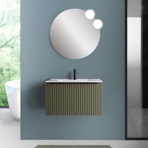 Mobile bagno sospeso 80 cm verde opaco cannettato con cassetto e lavabo Nara (1/5)