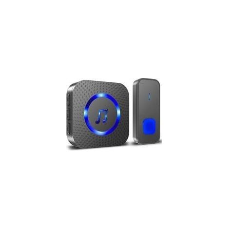 Sonnette sans Fil, 400M Sonnette de Porte IP55 Étanche Carillon Electronique, Kit de Carillon avec Récepteurs Enfichables pour la Maison, 55 Mélodies au 5 Niveaux Volumes, LED Bleu Noir (1/5)