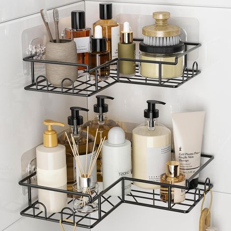Eckduschablage, 2er-Set, kein Bohren erforderlich, 8 Haken, Schwarz Zwei Edelstahlablagen, freistehend und mit offenem Abfluss, für Shampoo, Duschgel und Duschzubehör, kein Bohren erforderlich (1/5)