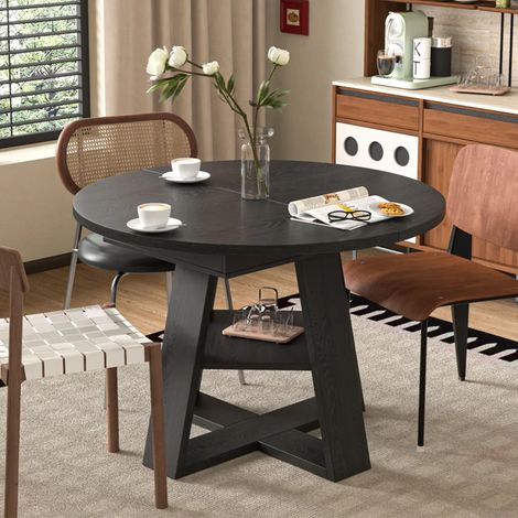 Table ronde extensible 110/150x110cm, avec rangement intégré, pour 4 à 6 personnes, effet bois noir, plateau design et mécanisme d'extension fluide (1/5)