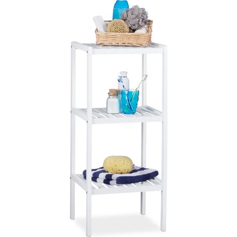 Étagère de salle de bain en bambou meuble sur pied cuisine en bois 3 étages HxlxP: 80 x 34,5 x 33 cm, blanc (1/5)