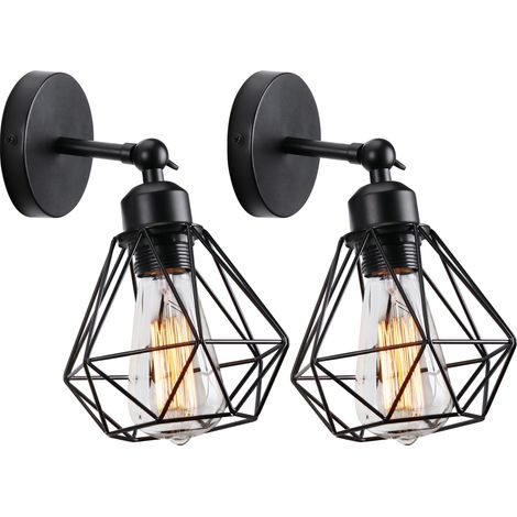 Lampada da Parete Interni, Industriale Stile Applique in Metallo, Illuminazione da Parete Gabbia Diamante Regolabile 180° per Soggiorno Camera da Letto Corridoio (2X Nero)