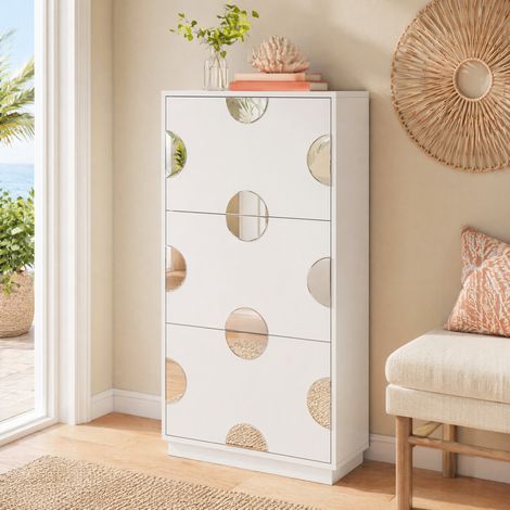 Scarpiera a 3 ante ribaltabili con specchio rotondo, 63 x 24 x 120 cm, bianco MDF HAVRYA (1/5)