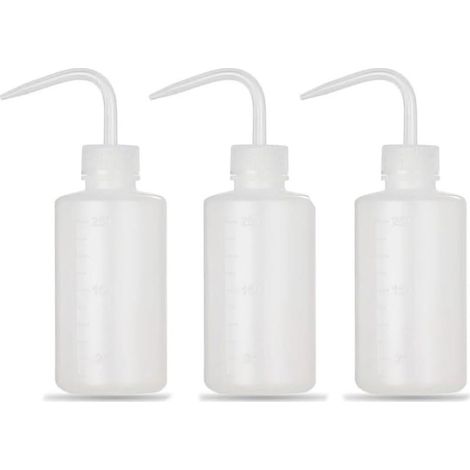 Lot de 3 flacons pissettes de 250 ml Bouteilles de laboratoire avec pipette fine en plastique Flacon doseur Bouteille de lavage pour le nettoyage