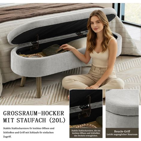 Banc coffre de rangement en tissu chiné doux, piètement bois massif, structure robuste, 20 L de stockage, 110 x 40 x 42 cm, idéal chambre, séjour, couloir, repose-pieds gris. (1/5)