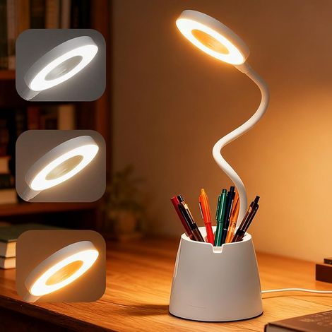 Lampe de table pour enfants à intensité variable blanche, 3 modes d'éclairage, porte - stylo et support de téléphone intégré, cadeau pour fille et garçon (1/4)