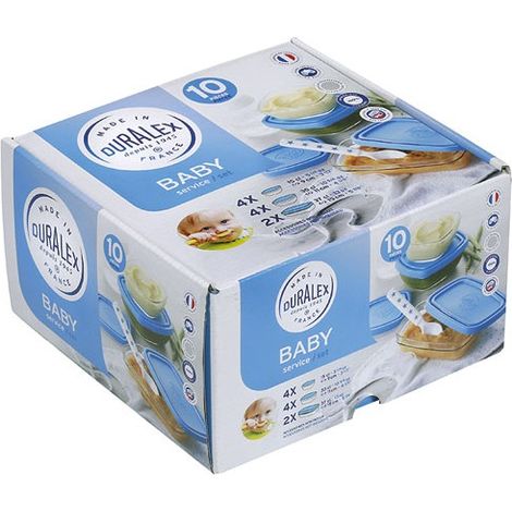 Service repas bébé - DURALEX - Baby Transparent - 10 pièces - Avec couvercle bleu - Verre trempé