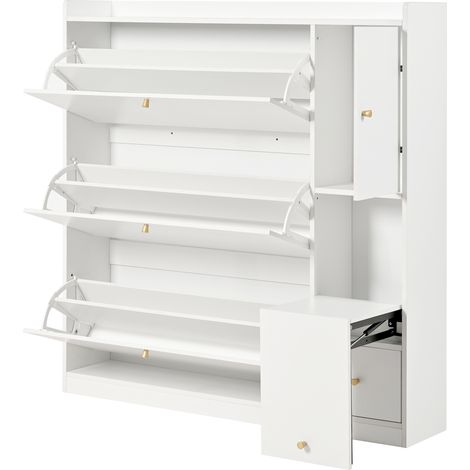 Scarpiera con 3 ante a ribalta, panca pieghevole e cassetto, 119x24x122 cm, bianco (1/5)