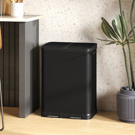 Poubelle cuisine double compartiment 2x30L pédale acier inox fermeture douce noir. Poubelle double inox pour le tri sélectif, robuste et pratique. (1/5)