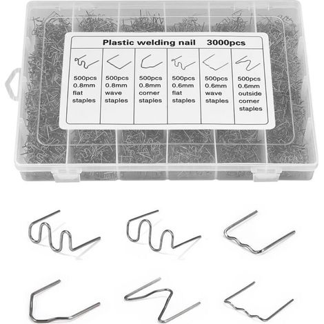 3000 PCS Soudure Plastique Agrafe, 6 types d'agrafes, Agrafes de Soudage de VoitureBaguettes de Soudage Agrafe pour Réparation de Pare-Chocs de Voiture, Soudage de Carrosserie, Agrafes Inoxydable (1/4)