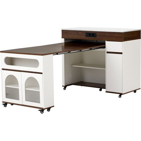 Isla de cocina extensible con ruedas, enchufes y cristal curvo, blanco nogal, MDF (1/5)