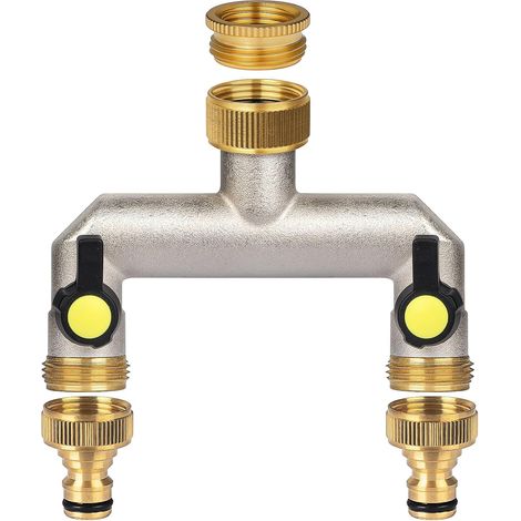 Válvula de latón de 2 vías con adaptador de 1/2 pulgada, distribuidor de válvula de 2 vías con válvulas de bola separadas, adaptador de manguera de 3/4 de pulgada (26,5 mm) para manguera de riego para (1/5)