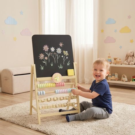 Chevalet de Dessin en Bois Effaçable pour Enfants, Tableau avec Horloge, Boulier et Gomme, Dès 2 Ans, Teinte Naturelle (1/5)