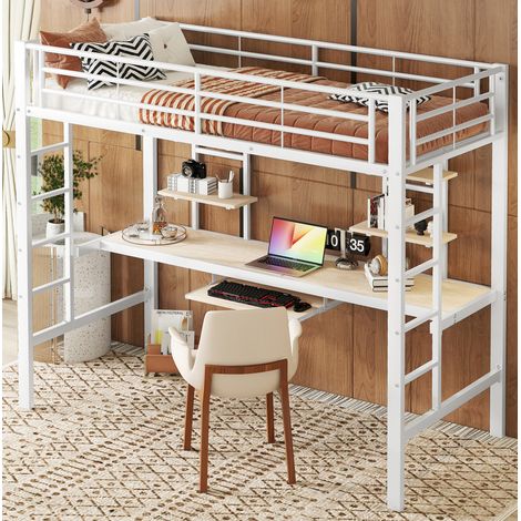Cama alta 90x200 cm de metal y MDF, blanca, con escritorio, dos estanterías, escalera y barandillas de seguridad, ideal para niños, jóvenes y adultos CHICFURN (1/5)