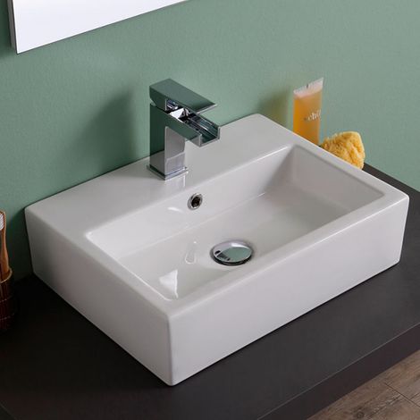 Lavabo da appoggio ceramica bianco rettangolare lavandino bagno 58x46x16 cm (1/2)