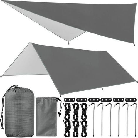 Bâche bivouac - - 3x3 m - Oxford Ripstop 190T - Imperméable anti-UV - Kit 6 piquets 6 cordes (1/5)