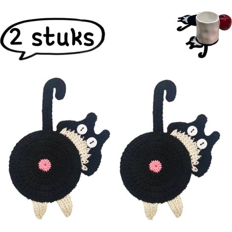 Dessous de verre tricoté en 2 pièces - Joli dessous de verre crocheté avec vache et chat - Décoration pour la maison et le bureau - Joli dessous de verre isolant avec un arrière-train de chat - Noir e (1/5)