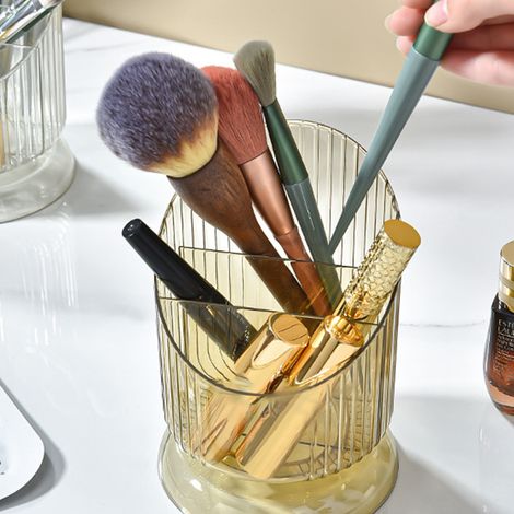 Porte-pinceaux de maquillage ovale transparent grande capacité, boîte de rangement portable pour pinceaux, rouge à lèvres, crayon à sourcils, pinceau à paupières, stylo anti-poussière, luxueux, doré, (1/5)