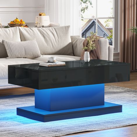 Mesa de centro 100x50x45 cm negra en tablero de partículas con acabado brillante, 2 cajones y LED USB (1/5)