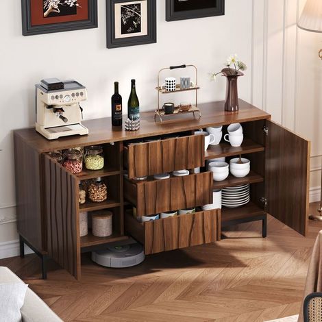 Buffet salle à manger 150cm, style mid century + buffet cuisine, finition chêne foncé, 3 tiroirs, niche ouverte (1/5)