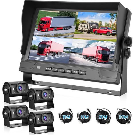 Caméra de Recul pour Voiture 1080P avec 4 Écrans Divisés Moniteur 9 Pouces, supportant 4 Caméras DVR/Vision Nocturne pour Camion, Camping-Car, Remorque, avec Câbles 2x10 M et 2x20 M (1/5)