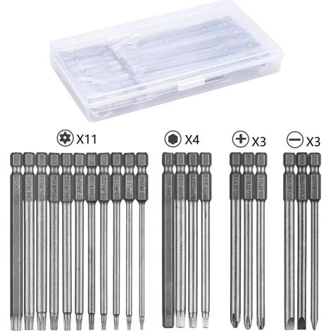 21-teiliges Schraubendreher-Bit-Set, 100 mm lange magnetische Schraubendreher-Bits, Torx T6-T40, Innensechskant 3-6 mm, Phillips PH2, Schlitz 4-6 mm, 1/4"-Sechskantschaft (1/4)