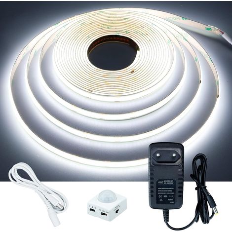 12 V Motion Sensor COB LED Strip 5 m Cool White 6000 K CRI 93+ IP20 Non-Waterproof LED Strip Light with AC Adapter for Kitchen Cabinets Staircase Showcase Bedroom Bed (1/5)