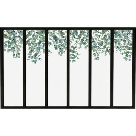 Verrière atelier intérieure aluminium noir 6 vitrages 201 x 117 cm - Décor végétal - Eucalyptus in Rain - vert et transparent - Verre trempé (1/5)