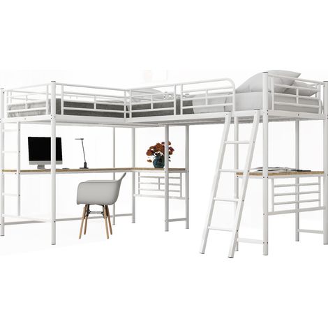 Lit mezzanine 90200cm, deux niveaux, bureau sous le lit, double escalier, garde-corps haut, blanc (1/5)