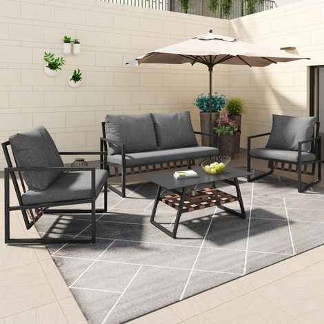 Salon de jardin-4-5 places-verre trempé-cadre vert-coussins beige-pieds réglables-114x57x80cm+80x45x80cm+62x57x80cm (1/5)
