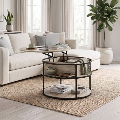 Runder Couchtisch höhenverstellbar Ø80 x 47-61,5 cm MDF Eicheoptik mit Stauraum - MEUBLIV (1/5)