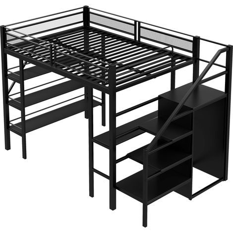 CAIziLit mezzanine 140200 cm, étagère de rangement à trois niveaux, bureau, armoire, escalier de sécurité avec compartiment de rangement, design à garde-corps haut, lit en fer, lit simple, noir