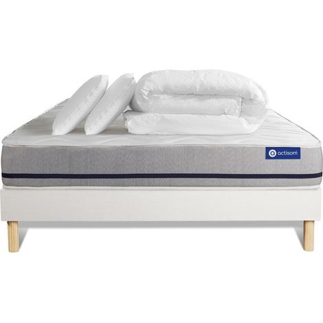 Komplettpaket Bett - Matratze 140x190 cm + Boxspringbett mit Lattenrost (im Set) + 2 Kopfkissen + Bettdecke - Actilatex Soft