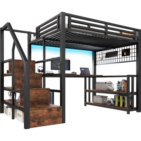 Hochbett 140 x 200 Cm Mit Stauraumtreppe, Schreibtisch, LED, USB Und USB-C, Ohne Matratze, Aus Metall, Schwarz (1/5)