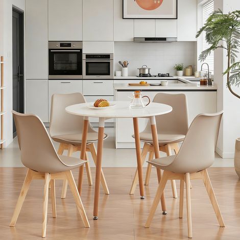 Wokaka Lot Table et Chaises à Manger -Table à Manger Moderne(80cm Blanc) - 4 Chaises (Beige)
