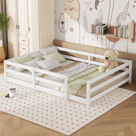 Lit enfant Montessori 140x200 cm blanc, avec barrière 4 côtés, en bois, sans matelas MEUBLIV (1/5)