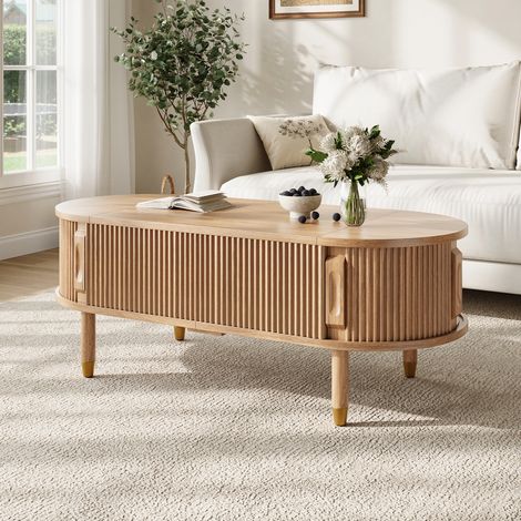 Table Basse Ovale Relevable Hydraulique avec Rangement, Table de Salon avec Portes Coulissantes Rainurées, Plateau MDF, Pieds en Bois d'Hévéa, Naturel (1/5)