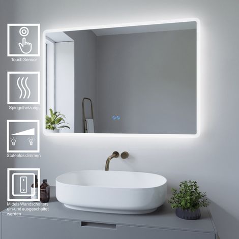 LED Badspiegel mit Kaltweiß Beleuchtung 100x70 cm Antibeschlag Badezimmerspiegel Dimmbar Touch Schalter Lichtspiegel Wandspiegel abgerundete Ecken