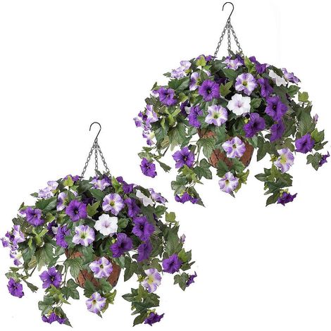Fleurs artificielles suspendues avec panier – Résistantes aux UV – pour porche ou terrasse – Lot de 2 (1/5)