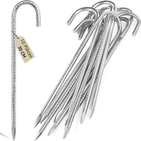 10Pcs 30cm Piquets d'ancrage Résistants en Acier Galvanisé Antirouille avec Crochets en J pour Tentes de Trampoline Convient pour Camp, Jardin, Abri et Balançoires (1/5)
