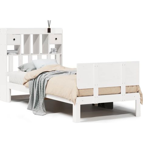 Lit simple  Lit adulte  Lit bibliothèque sans matelas blanc 90x200cm bois de pin massif