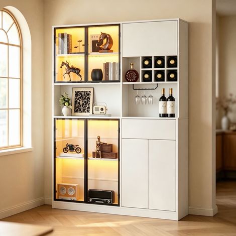 MODFU – Vitrina 140x30x200 cm blanca con LED Bluetooth, 7 puertas, botellero y portavasos – Blanco (1/5)
