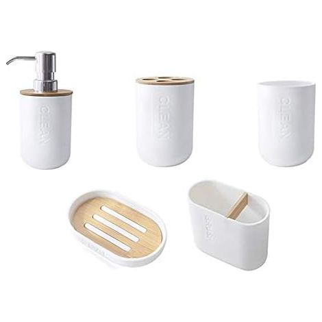 Lot de 5 pièces en bambou pour salle de bain - Support de brosse à dents en verre - Distributeur de savon - Bol de savon - Accessoires de salle de bain (1/5)