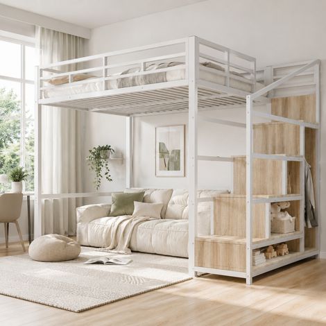 Cama alta 140x200 cm, con armario escalera, rejilla para colgar, espacio abierto bajo la cama, metal blanco (1/5)