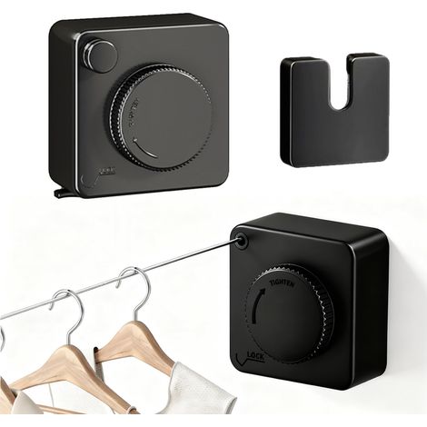 Corde à Linge Rétractable Inoxydable - 4,8M Fil à Linge Retractable Mural, Noir Sans Affaissement, Anti-Vent pour Balcon, Salle de Lavage & Salle de Bain