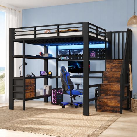 Hochbett 140x200 cm schwarz aus MDF und Metall mit Ablage, Schubladen, Lochwand, Tisch, Steckdose und LED-Licht (1/5)