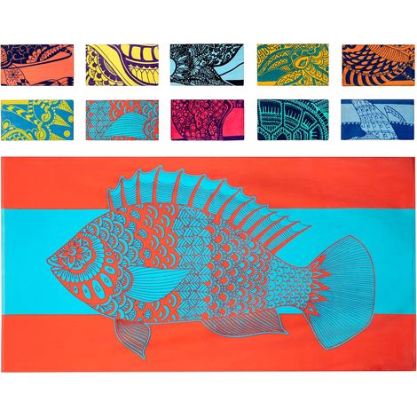 Strandtuch mit tropischen Fischen (86 x 160 cm) – Knallrotes und blaues, faltbares Strandtuch aus 100 % Baumwolle – Farbenfrohes Badetuch – Türkisfarbenes Strandtuch